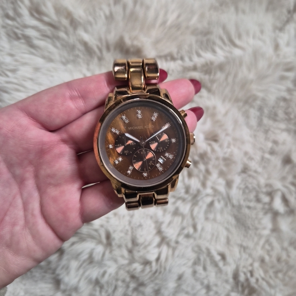 Michael Kors Watch Showstopper MK5415 Womens Ladies Rose Gold Tone Brown Classy